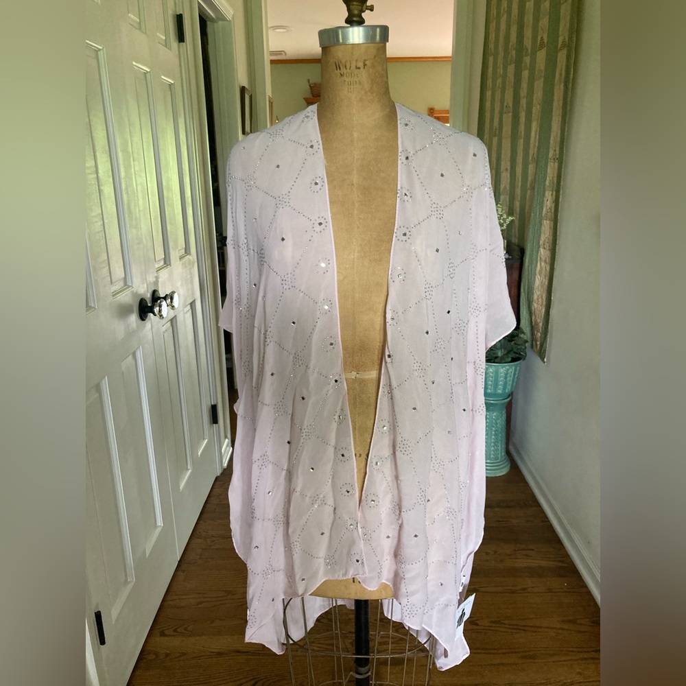 NWT Jessica McClintock Jeweled Coverup Kimono PINK OS MIRRORS & Silver stu…